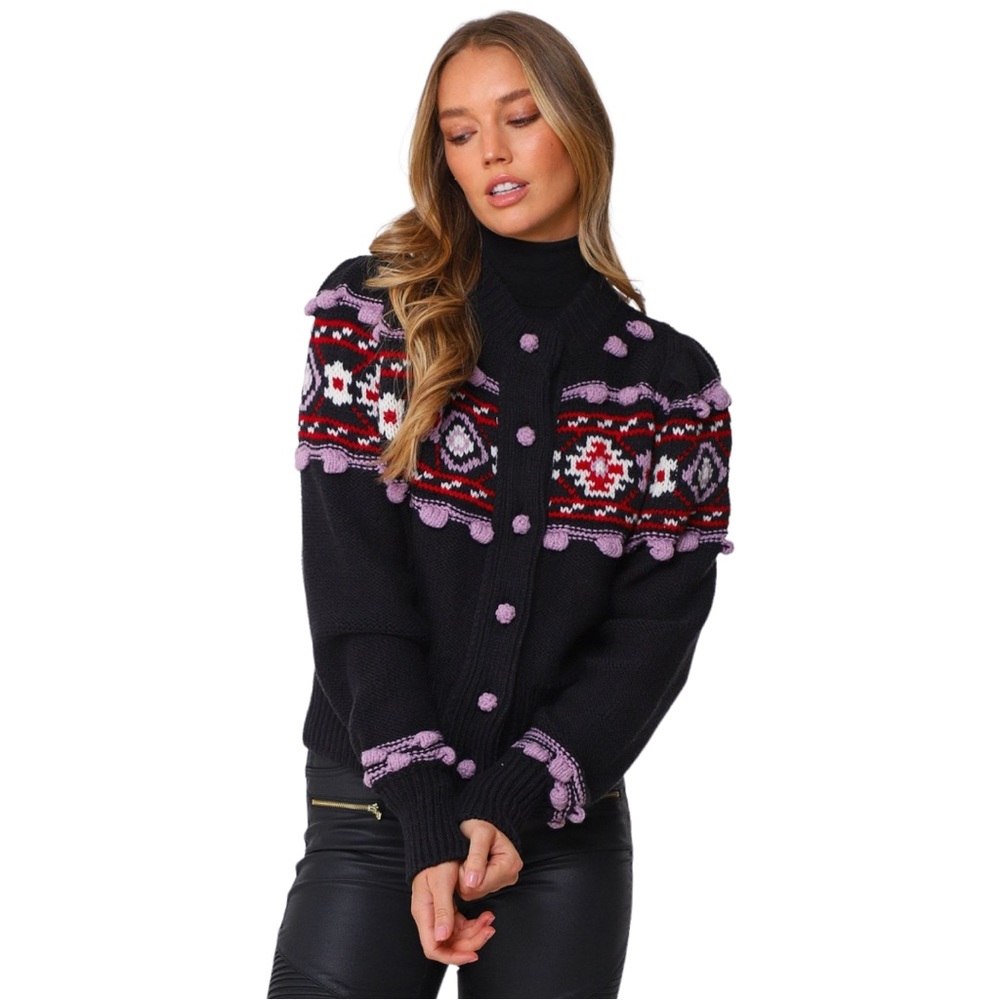 Hayley Menzies Greta Geometric Wool-Blend Intarsia Cardigan (M)